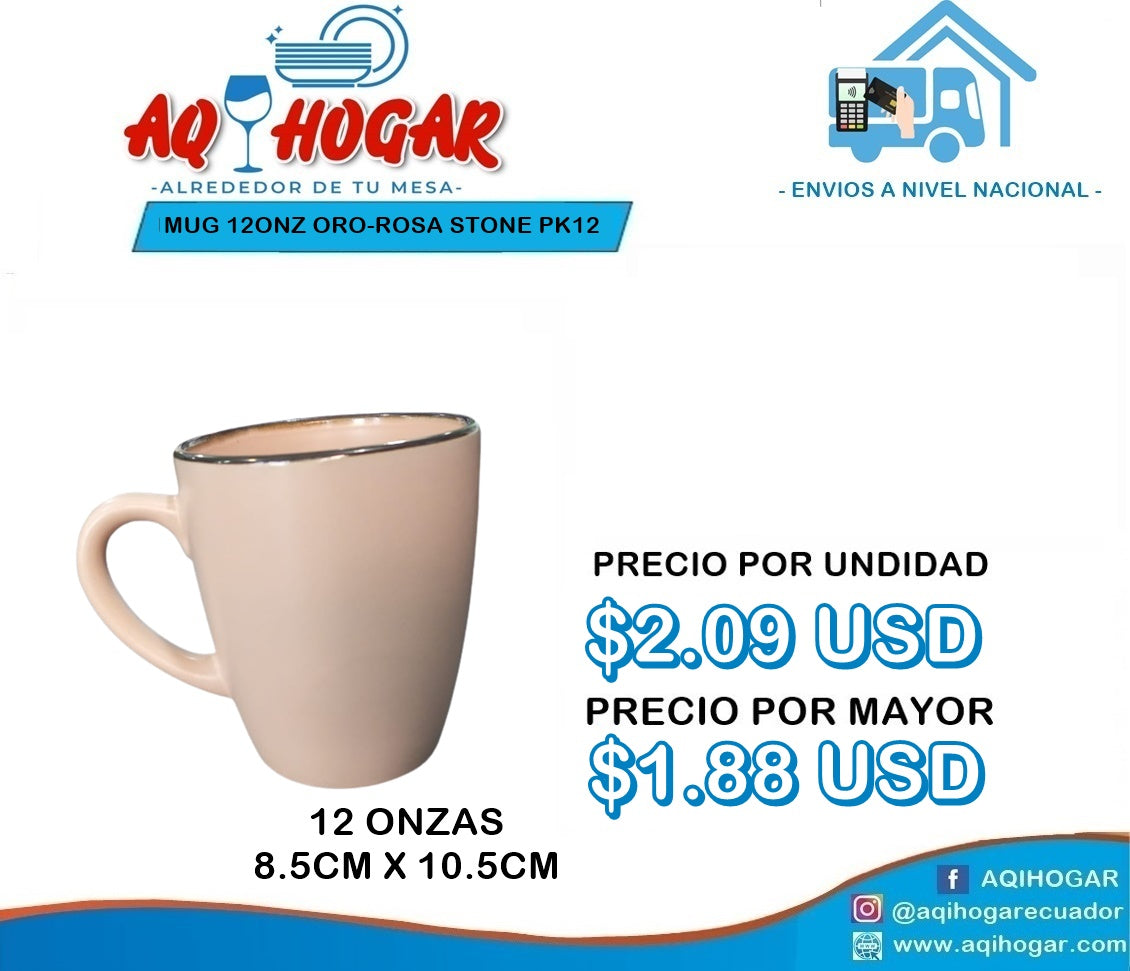 MUG 12 ONZ ORO-ROSA STONE PK12