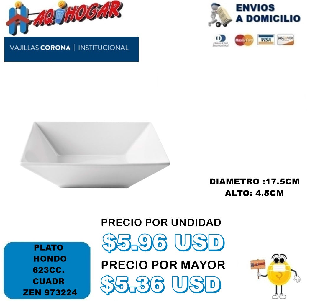 Plato hondo 623ml cuadrado Zen blanco