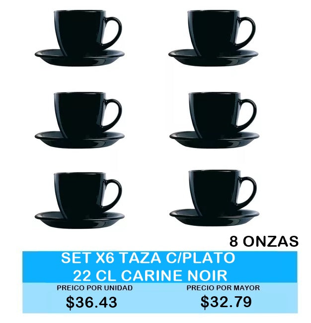 SET X6 TAZA CON PLATO 22CL/8ONZ CARINE NOIR