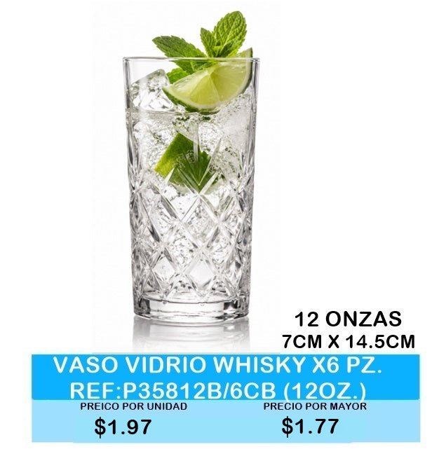 VASO VIDRIO WHISKY X6 PZ.REF:P35812B/6CB (12OZ.)