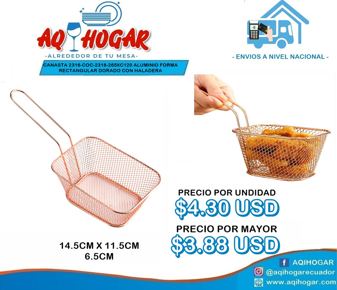 Canasta Aluminio forma Rectangular Dorado con Haladera