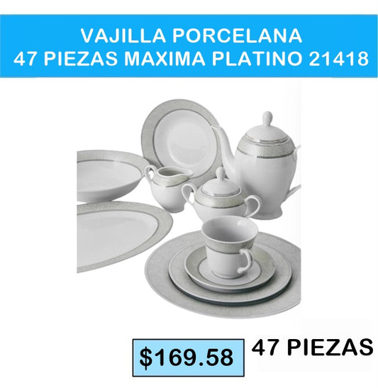 VAJILLA PORCELANA 47 PIEZAS MAXIMA PLATINO 21418