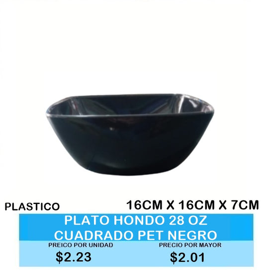 PLATO HONDO 28OZ CUADRADO PET NEGRO