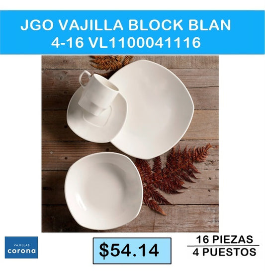 JUEGO DE VAJILLA 16 PIEZAS 4 PUESTOS BLOCK BLAN VL1100041116
