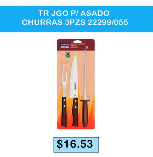 JUEGO PARA ASADOS TRAMONTINA 3 PZS CUCHILLO TRINCHE AFILADOR