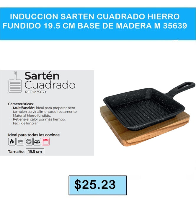 INDUCCION SARTEN CUADRADO HIERRO FUNDIDO 19.5CM BASE DE MADERA