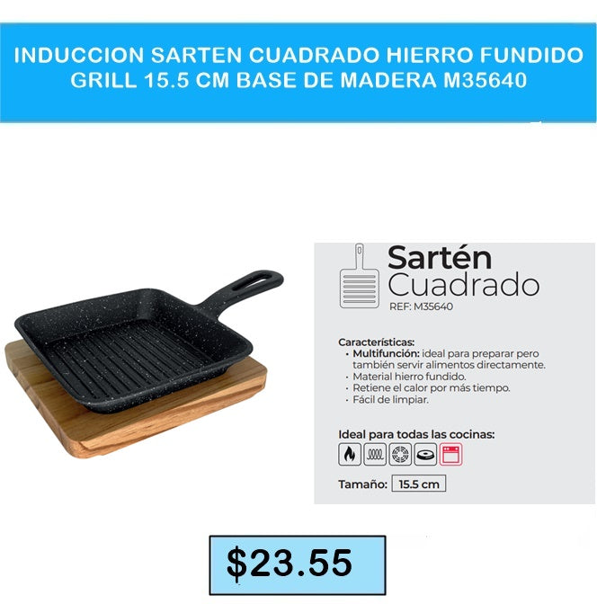 INDUCCION SARTEN CUADRADO HIERRO FUNDIDO GRILL 15.5CM BASE DE MADERA