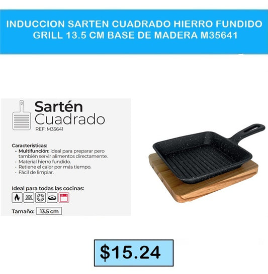INDUCCION SARTEN CUADRADO HIERRO FUNDIDO GRILL 13.5CM BASE DE MADERA