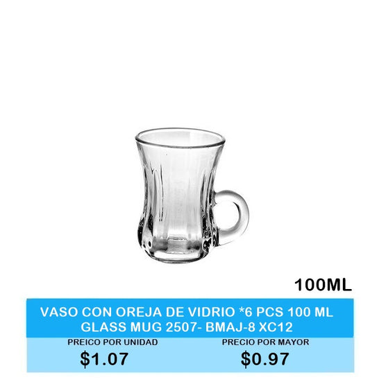 VASO CON OREJA DE VIDRIO 6 PIEZAS 100 ML GLASS MUG 2507 BMAJ 8 XC12