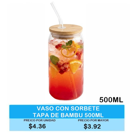 VASO VIDRIO CON SORBETE Y TAPA DE BAMBU 500 ML