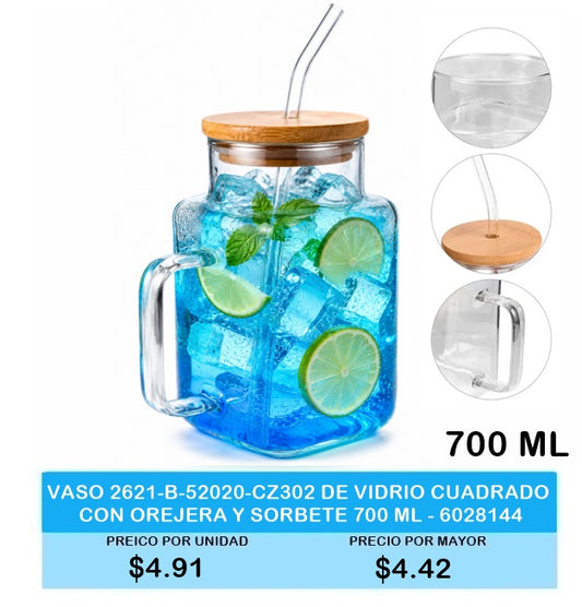 Vaso de Vidrio Cuadrado con Orejera, Tapa de Bambú y Sorbete – 700 ml 6028144