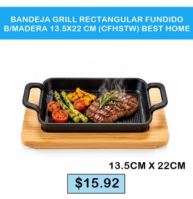 BANDEJA GRILL RECTANGULAR FUNDIDO B/MADERA 13.5X22 CM (CFHSTW) BEST HOME